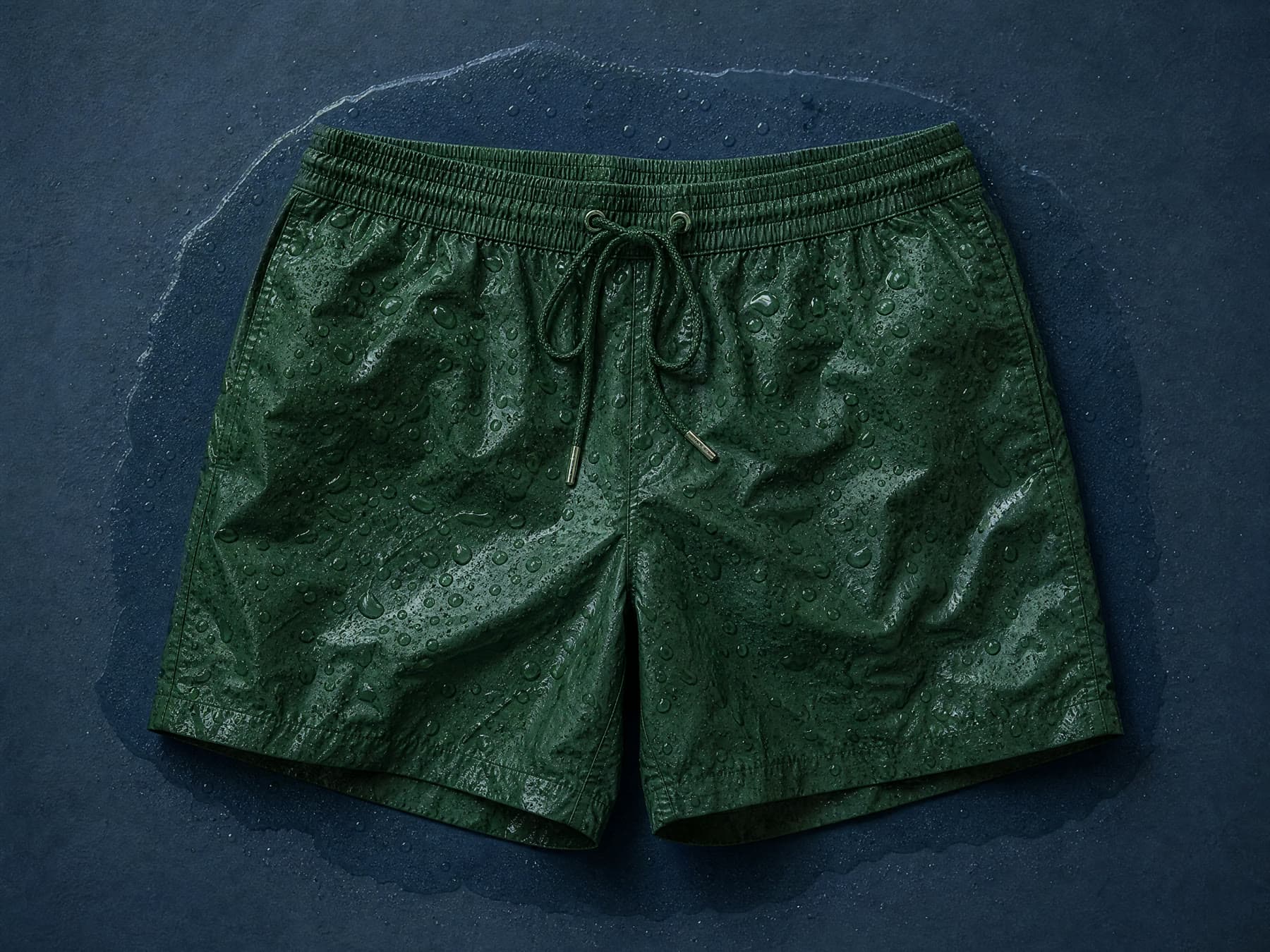 A soaked dark green swim short lying flat, water beaded on the surface and a damp ring spreading around it.